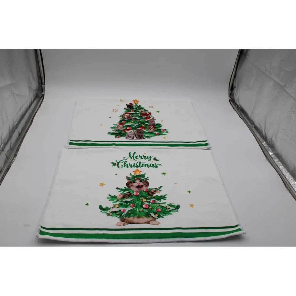 Unbranded Christmas Kitchen Towels White Green Cat Kitten Tree Holiday Set 2